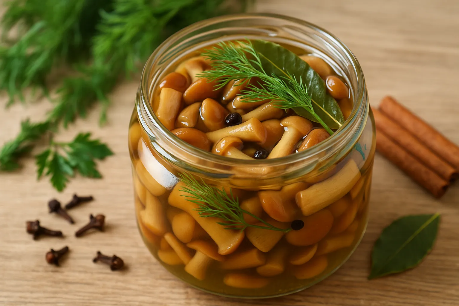 Marinierte Hallimasche mit Dill, Lorbeerblatt und Pfefferkörnern in Glasgefäß auf hellem Holztisch mit Kräutern und Gewürzen