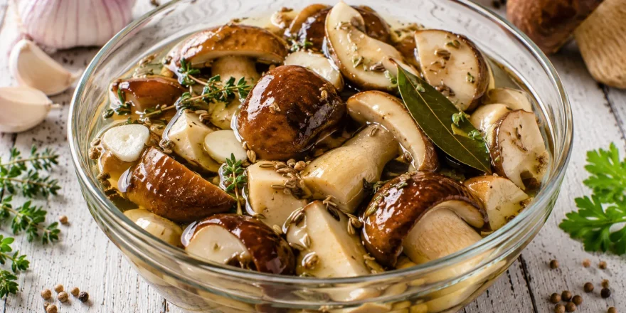 Marinierte Steinpilze mit Kräutern in Glasschüssel auf hellem Holztisch