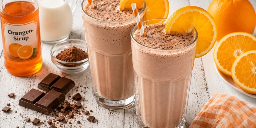 Milch-Orangen-Cocktail mit Schokolade und Orangenscheibe in hohem Glas
