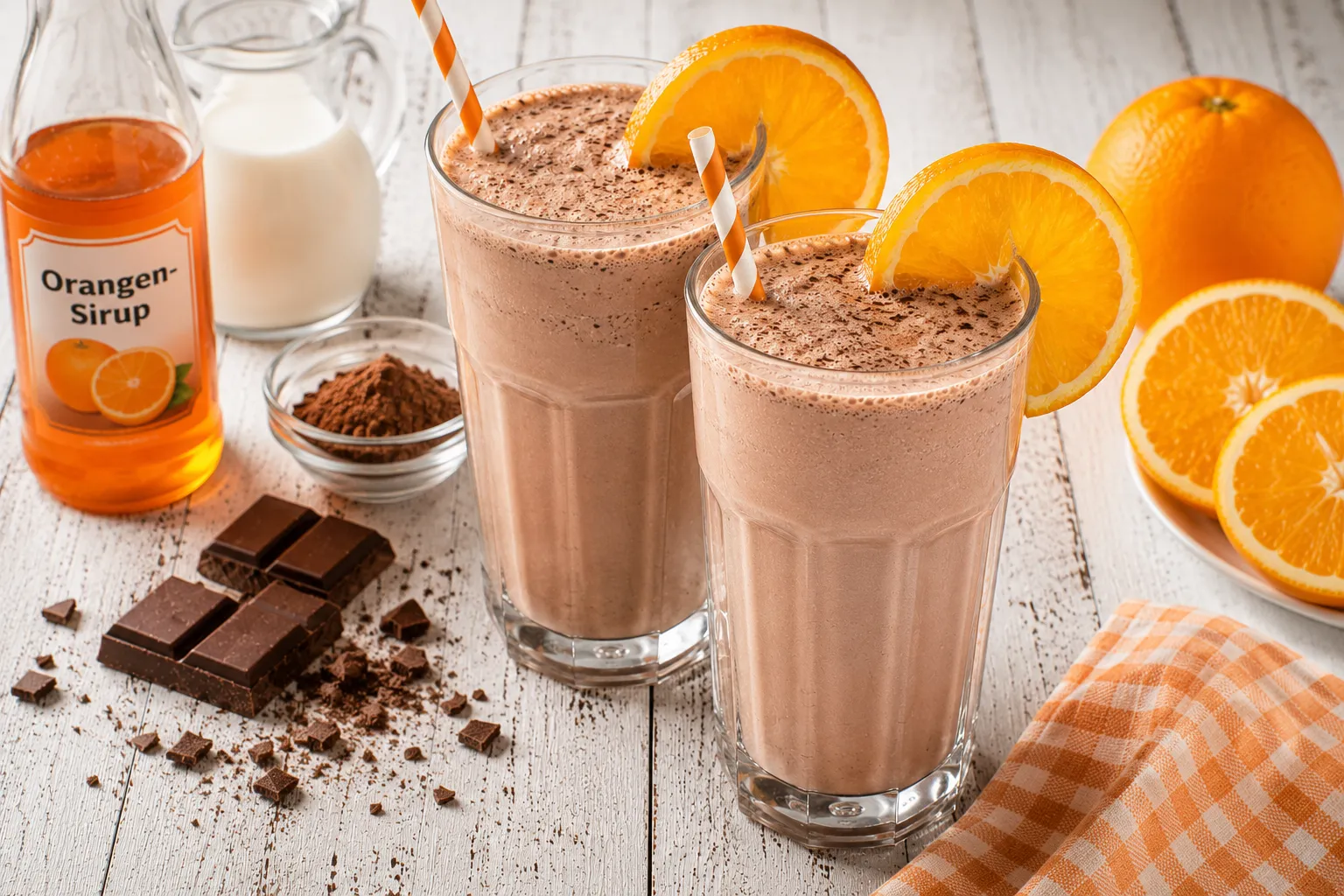 Milch-Orangen-Cocktail mit Schokolade und Orangenscheibe in hohem Glas