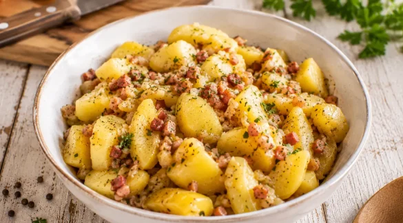 Pikante Speckkartoffeln mit knusprigem Speck in rustikaler weißer Schüssel auf weißem Holztisch