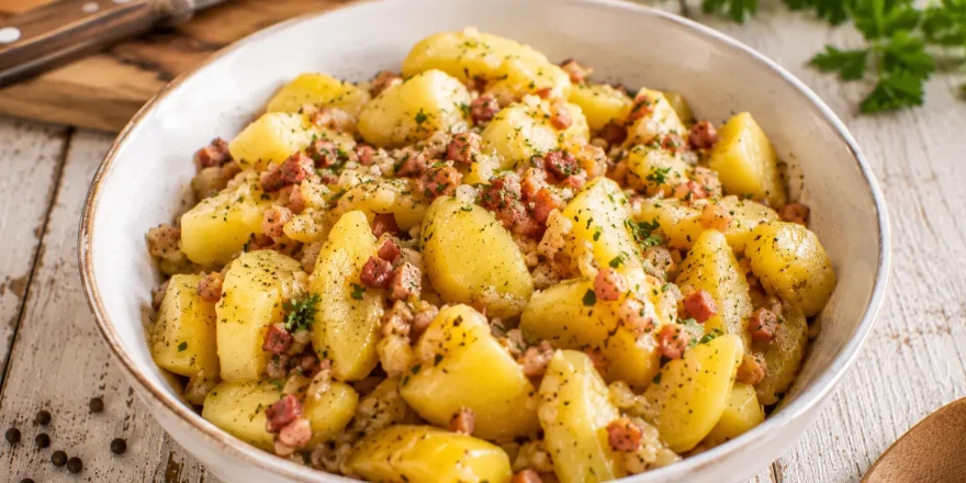 Pikante Speckkartoffeln mit knusprigem Speck in rustikaler weißer Schüssel auf weißem Holztisch