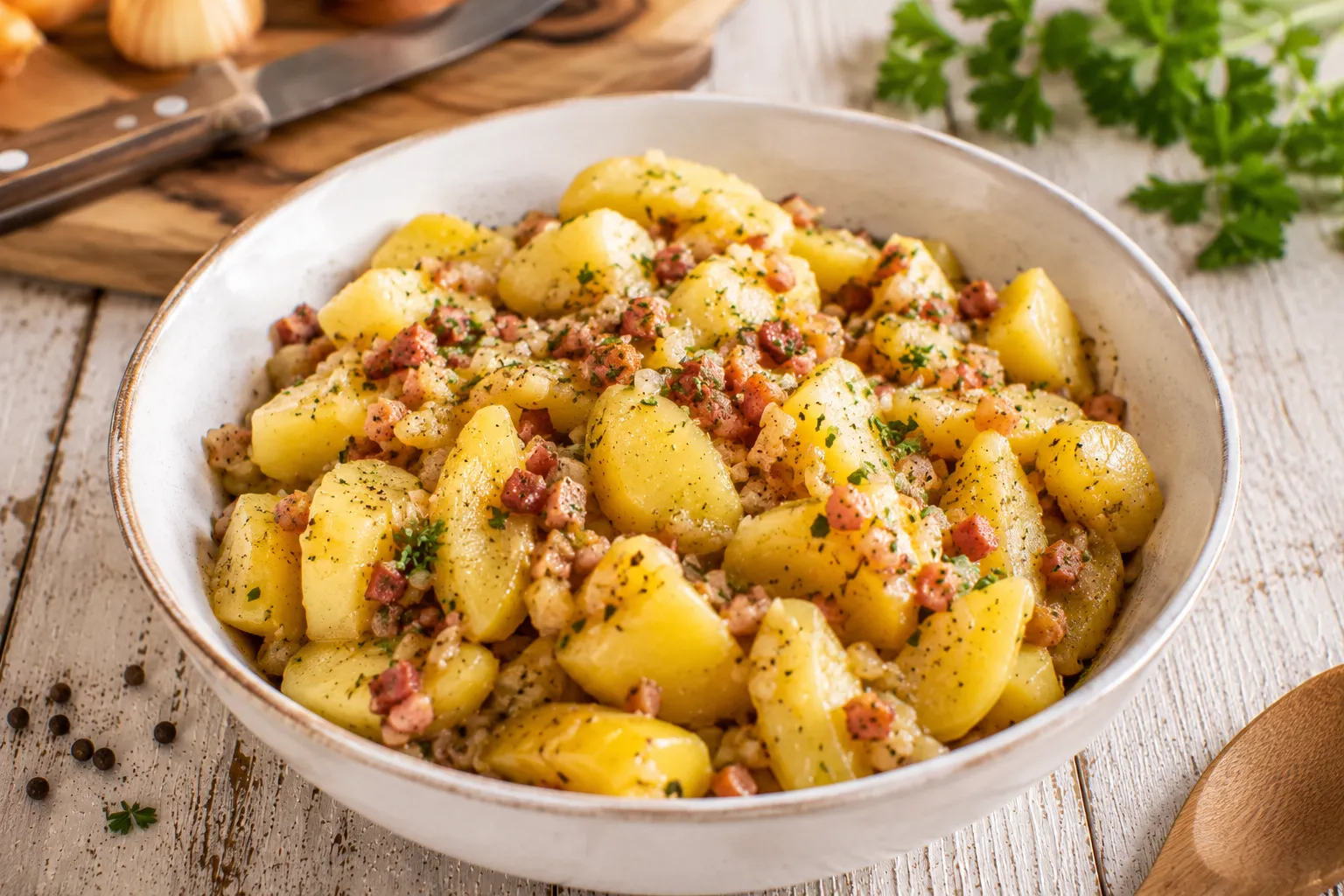Pikante Speckkartoffeln mit knusprigem Speck in rustikaler weißer Schüssel auf weißem Holztisch