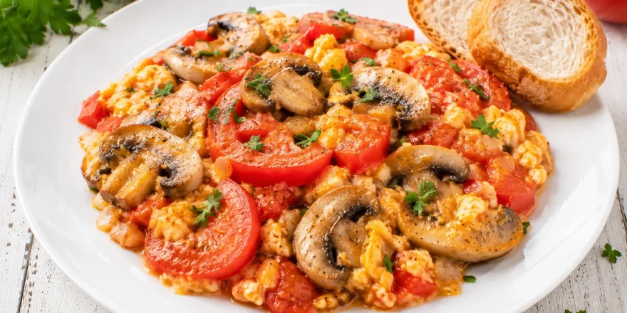 Pilze mit Tomaten und Ei auf modernem weißen Teller serviert