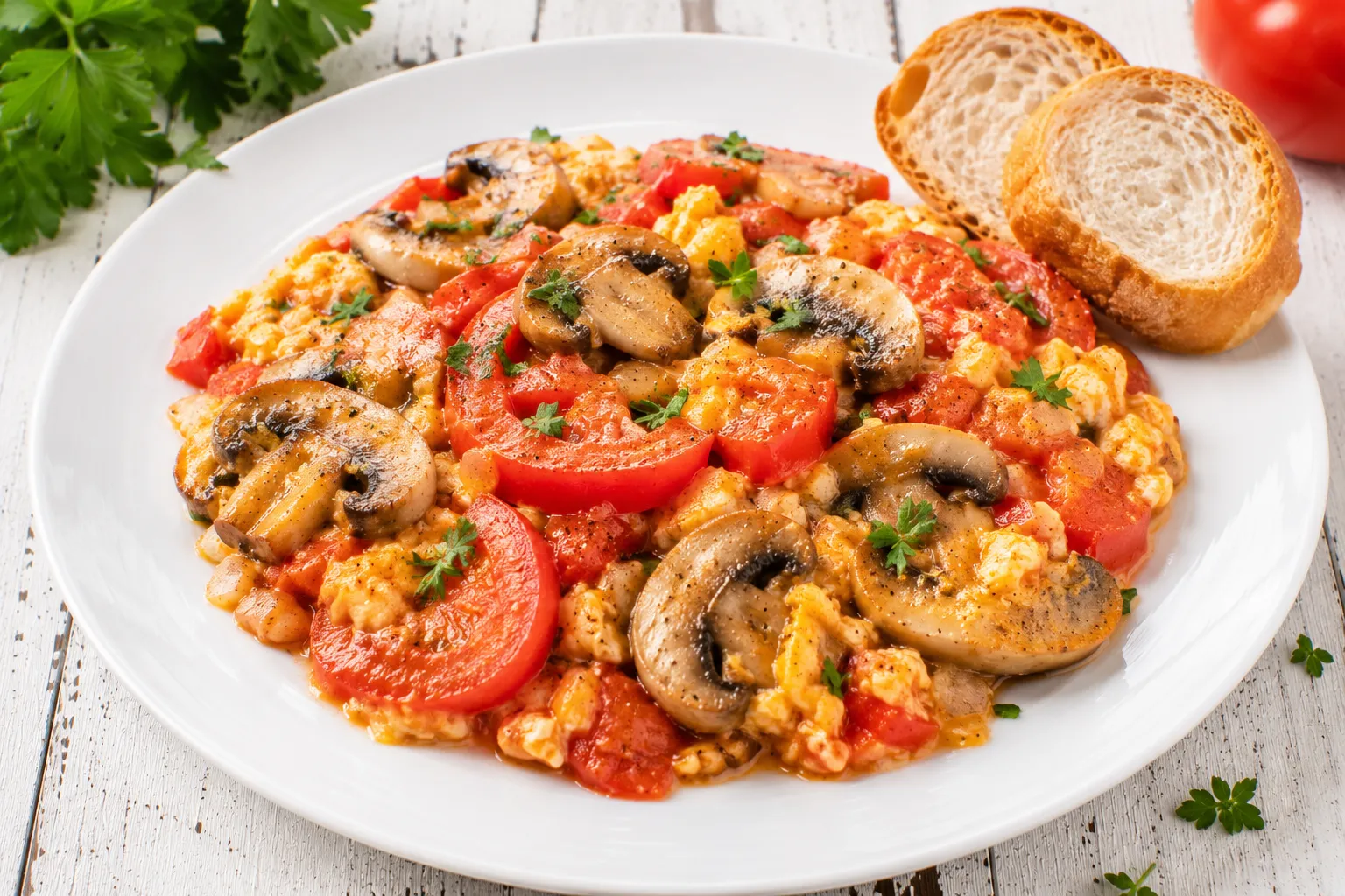 Pilze mit Tomaten und Ei auf modernem weißen Teller serviert