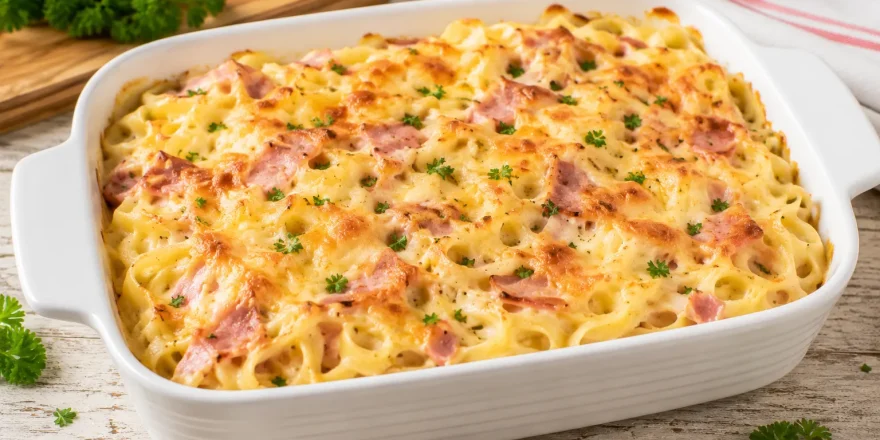 Überbackene Rahmnudeln mit Schinken und Käse in weißer Auflaufform auf rustikalem weißen Holztisch
