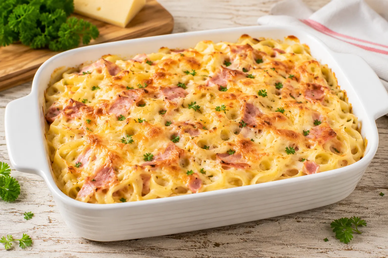 Überbackene Rahmnudeln mit Schinken und Käse in weißer Auflaufform auf rustikalem weißen Holztisch