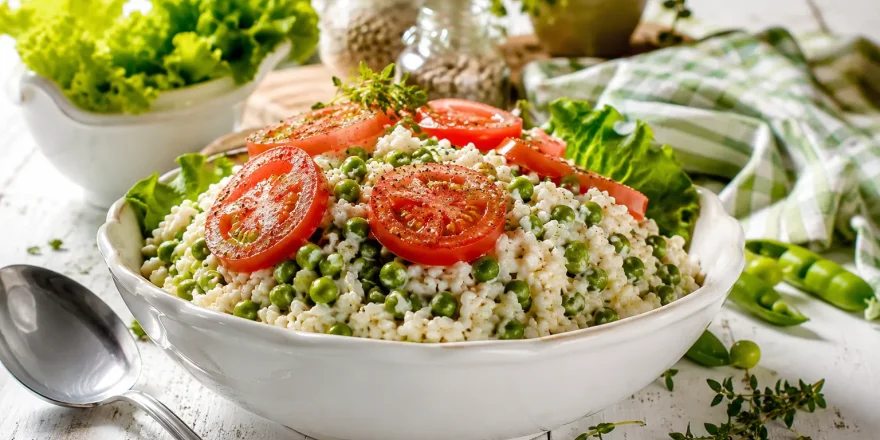 Weiße Schüssel mit cremigem Reissalat, grünen Erbsen und Tomatenscheiben auf rustikalem weißem Holztisch