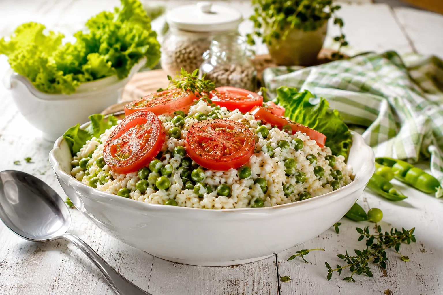 Weiße Schüssel mit cremigem Reissalat, grünen Erbsen und Tomatenscheiben auf rustikalem weißem Holztisch