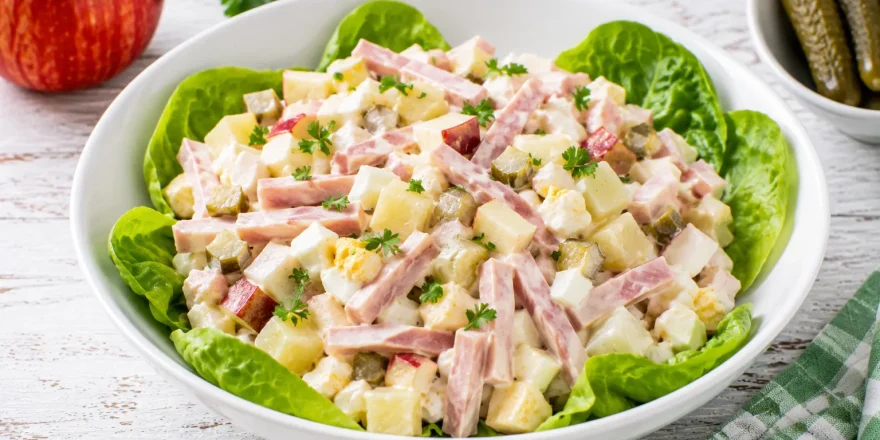 Frischer Schinkensalat mit Sellerie und Apfel in moderner weißer Schüssel auf rustikalem weißen Holztisch