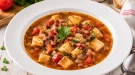 Herzhafte Specksuppe mit Tomaten und gerösteten Brotwürfeln in modernem weißen tiefen Teller auf rustikalem weißen Holztisch