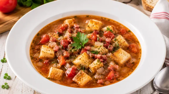 Herzhafte Specksuppe mit Tomaten und gerösteten Brotwürfeln in modernem weißen tiefen Teller auf rustikalem weißen Holztisch