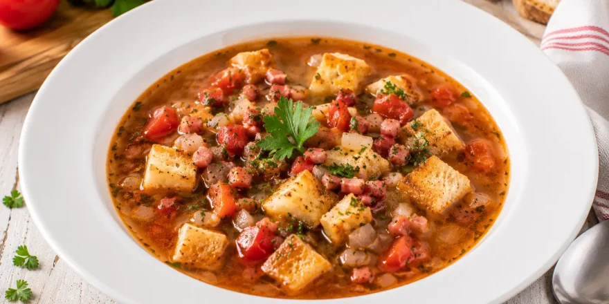 Herzhafte Specksuppe mit Tomaten und gerösteten Brotwürfeln in modernem weißen tiefen Teller auf rustikalem weißen Holztisch
