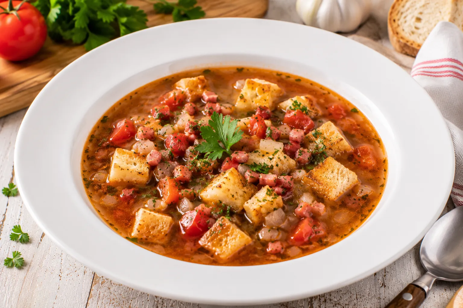 Herzhafte Specksuppe mit Tomaten und gerösteten Brotwürfeln in modernem weißen tiefen Teller auf rustikalem weißen Holztisch