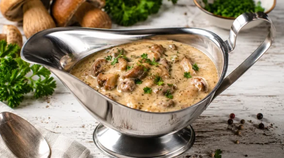 Steinpilzsoße mit Sahne in moderner Edelstahl-Sauciere serviert