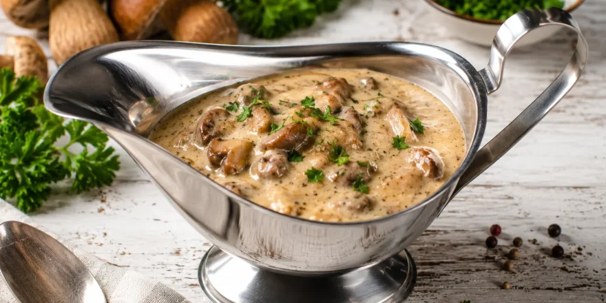Steinpilzsoße mit Sahne in moderner Edelstahl-Sauciere serviert