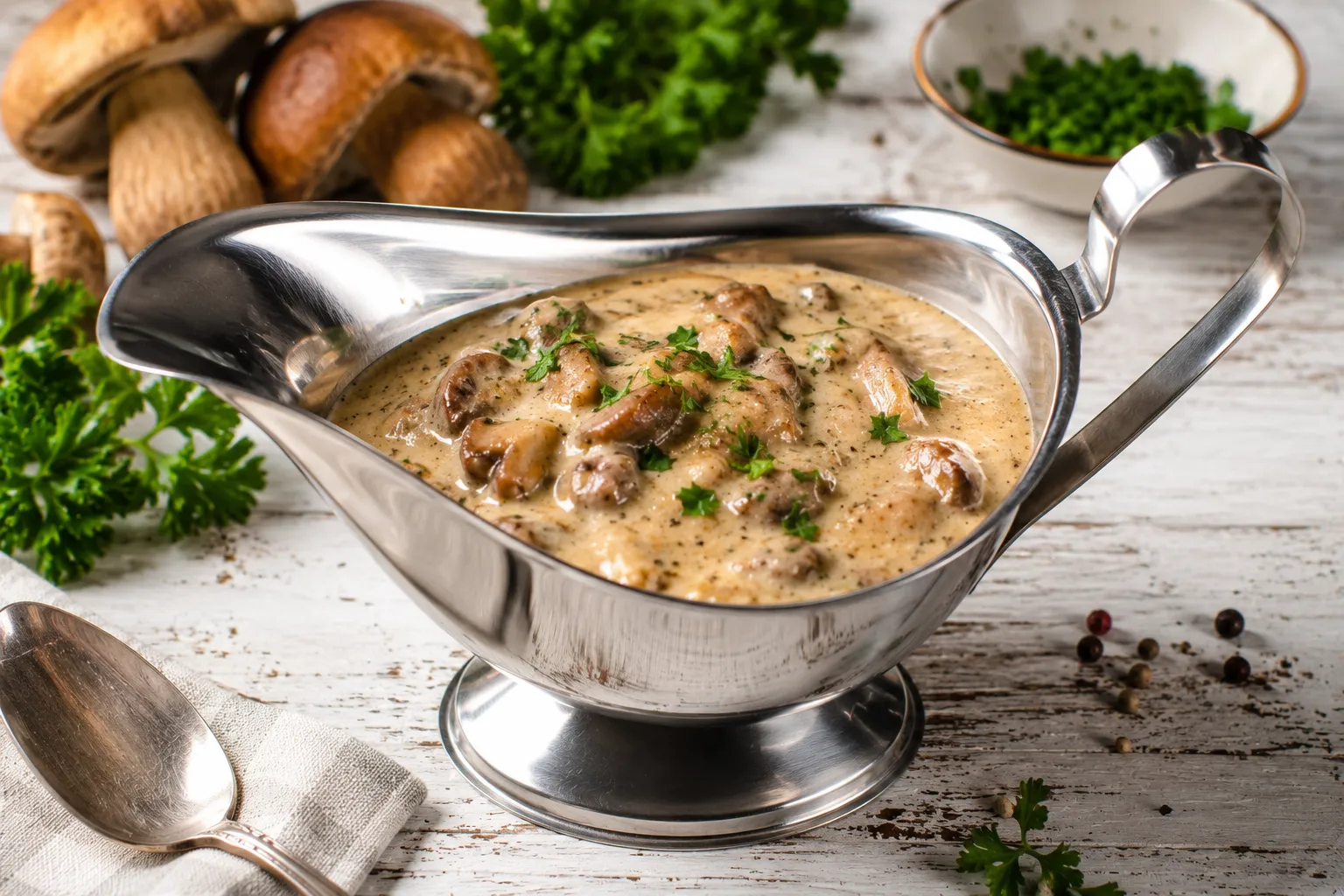 Steinpilzsoße mit Sahne in moderner Edelstahl-Sauciere serviert