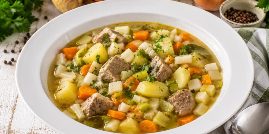 Steirischer Wurzeleintopf mit Kartoffeln, Gemüse und Schweinefleisch in modernem weißen tiefen Teller auf rustikalem weißen Holztisch
