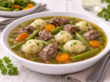 Tiefer weißer Teller mit Wildsuppe, Wildfleischstücken, Bohnen, Möhren und kleinen Klößchen auf weißem Holzhintergrund