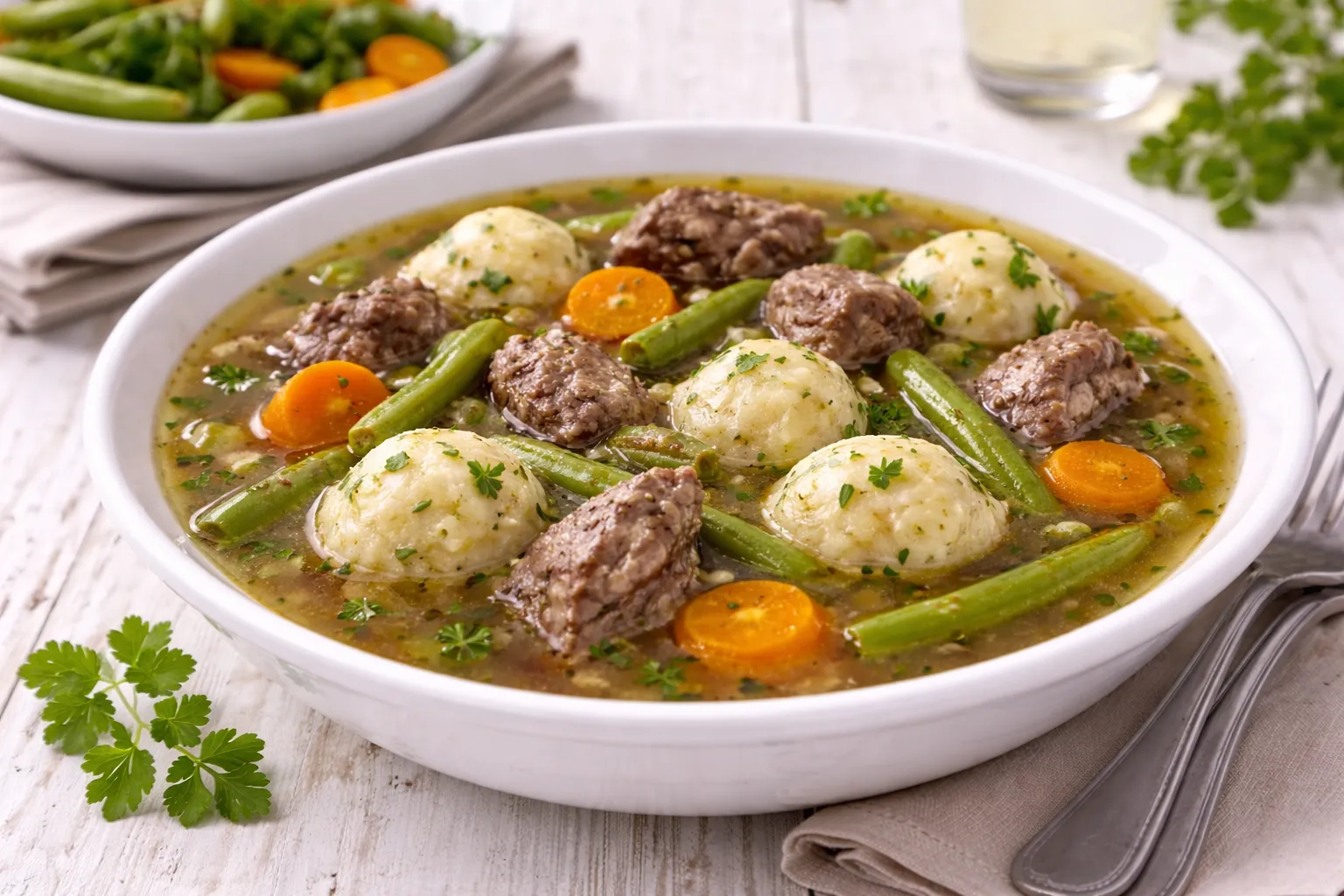 Tiefer weißer Teller mit Wildsuppe, Wildfleischstücken, Bohnen, Möhren und kleinen Klößchen auf weißem Holzhintergrund