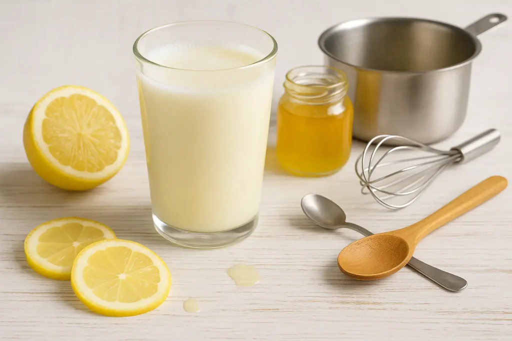Frische Zitronenmilch im Glas auf weißem Holztisch, dekoriert mit Zitrone, Honig und Küchenutensilien.