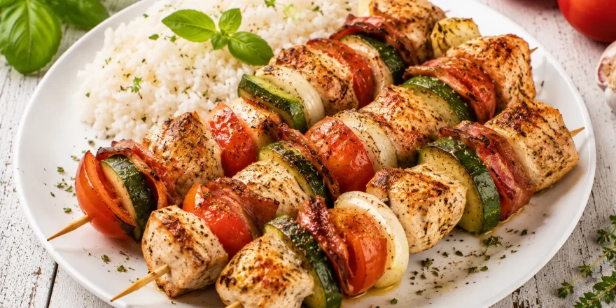 Geflügelspieße mit Gemüse und Speck auf weißem Teller serviert