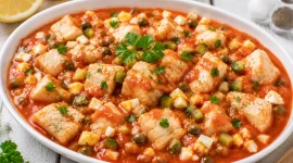 Fischwürfel in Tomatensoße mit Kapern, Ei und Petersilie serviert