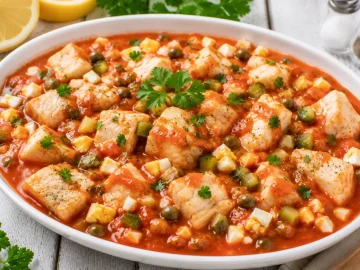 Fischwürfel in Tomatensoße mit Kapern, Ei und Petersilie serviert