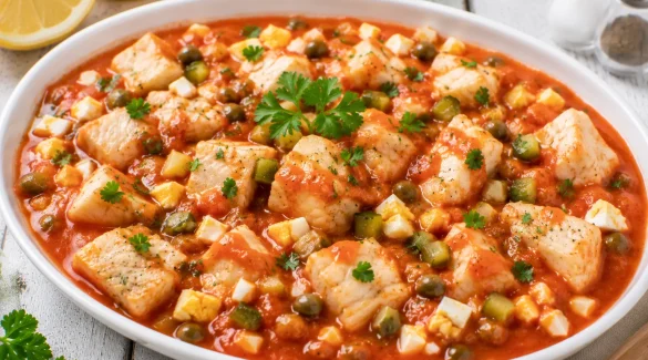 Fischwürfel in Tomatensoße mit Kapern, Ei und Petersilie serviert