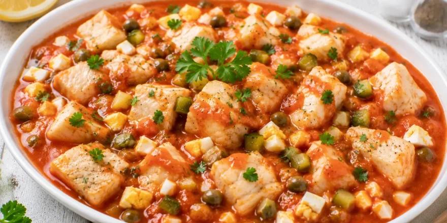 Fischwürfel in Tomatensoße mit Kapern, Ei und Petersilie serviert