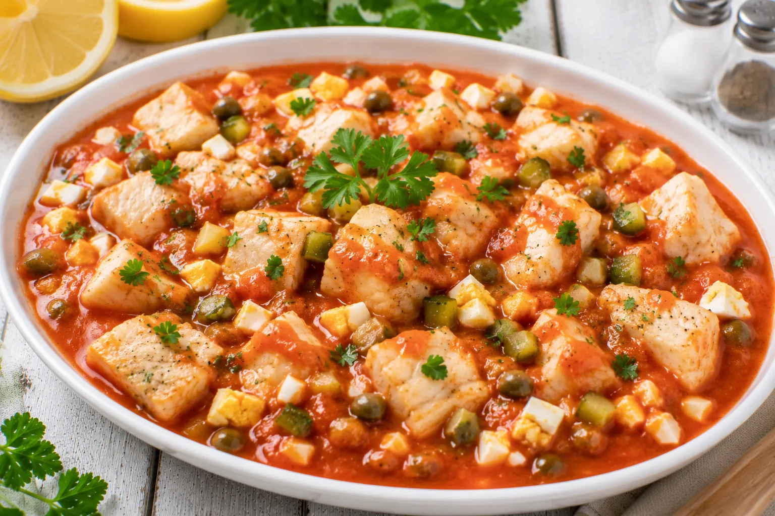 Fischwürfel in Tomatensoße mit Kapern, Ei und Petersilie serviert