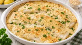 Überbackener Fisch mit cremiger Meerrettichsoße in weißer Auflaufform