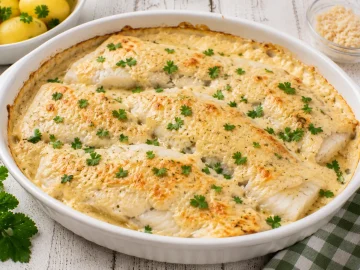 Überbackener Fisch mit cremiger Meerrettichsoße in weißer Auflaufform