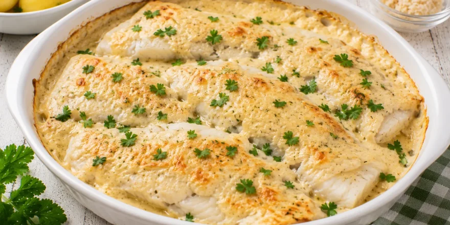Überbackener Fisch mit cremiger Meerrettichsoße in weißer Auflaufform