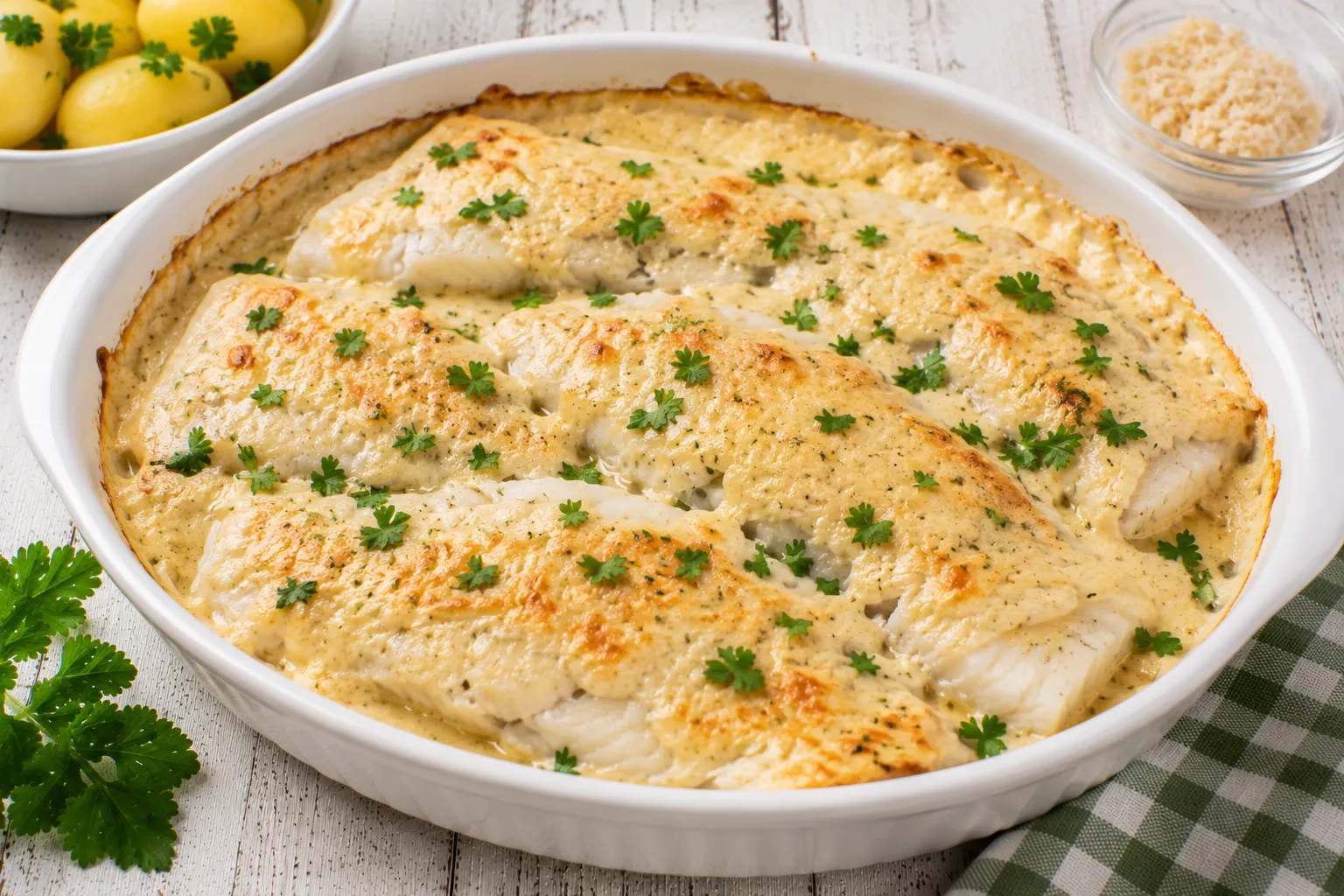 Überbackener Fisch mit cremiger Meerrettichsoße in weißer Auflaufform