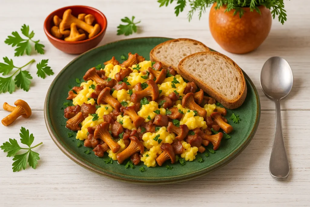 Grüner Keramikteller mit gebratenen Pfifferlingen, Speck und gut sichtbaren Stücken gestocktem Ei, serviert mit Brot auf weißem Holztisch, dekoriert mit Kräutern und Pilzen.