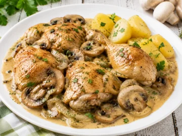 Geschmorte Hähnchenteile mit Champignons in cremiger Sahnesoße auf weißem Teller