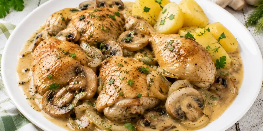 Geschmorte Hähnchenteile mit Champignons in cremiger Sahnesoße auf weißem Teller