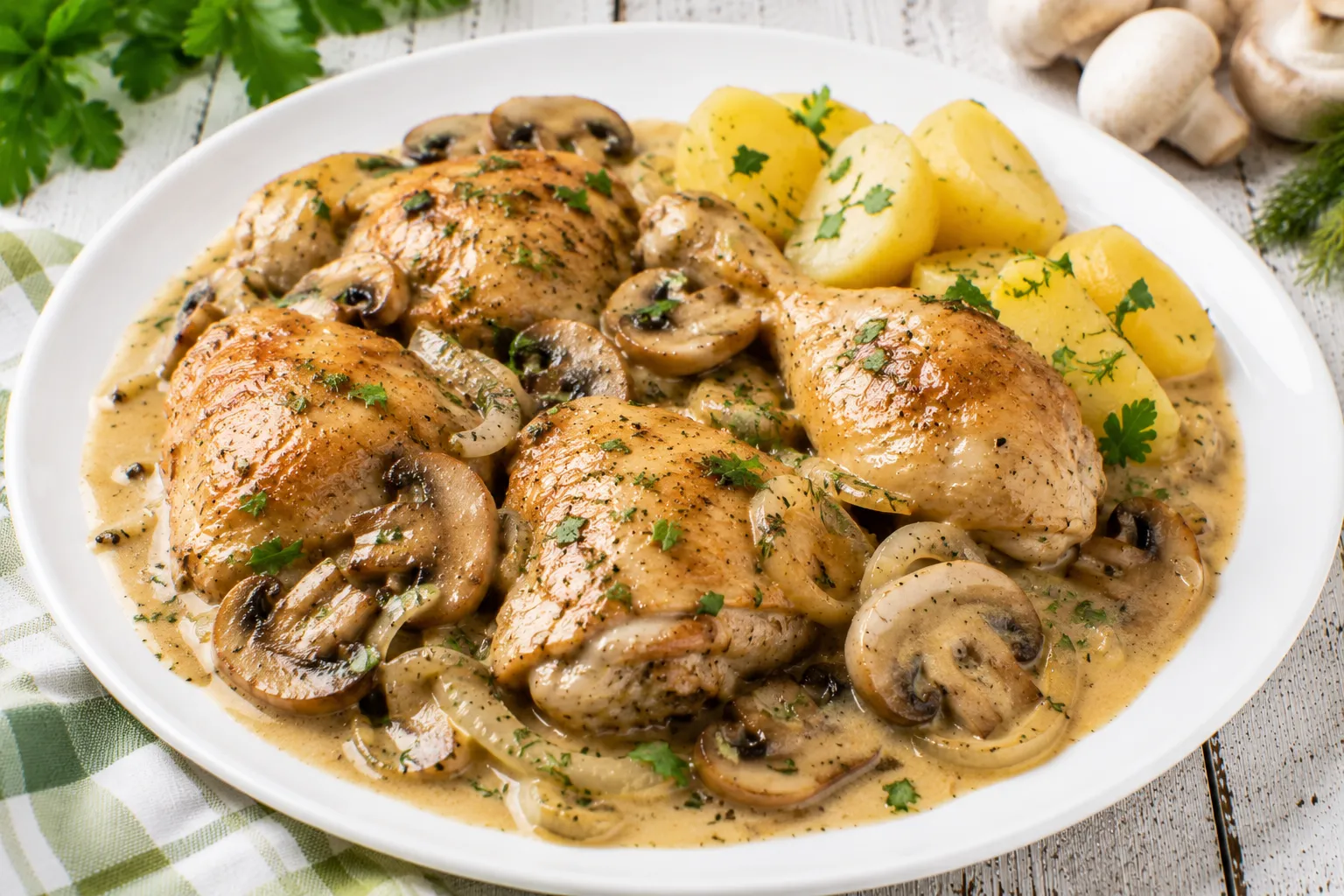 Geschmorte Hähnchenteile mit Champignons in cremiger Sahnesoße auf weißem Teller