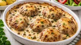 Überbackene Rindsbuletten in cremiger Sahnesoße mit Käse und Kapern