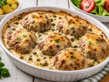 Überbackene Rindsbuletten in cremiger Sahnesoße mit Käse und Kapern