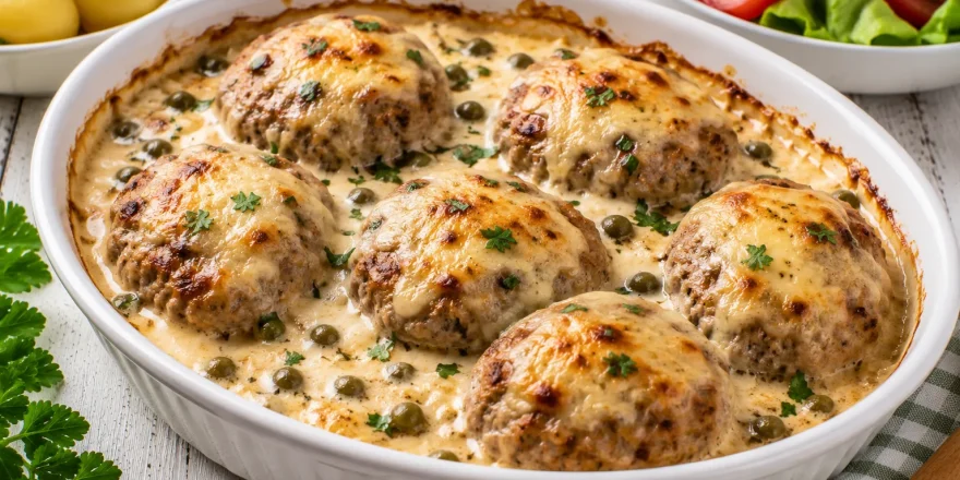 Überbackene Rindsbuletten in cremiger Sahnesoße mit Käse und Kapern