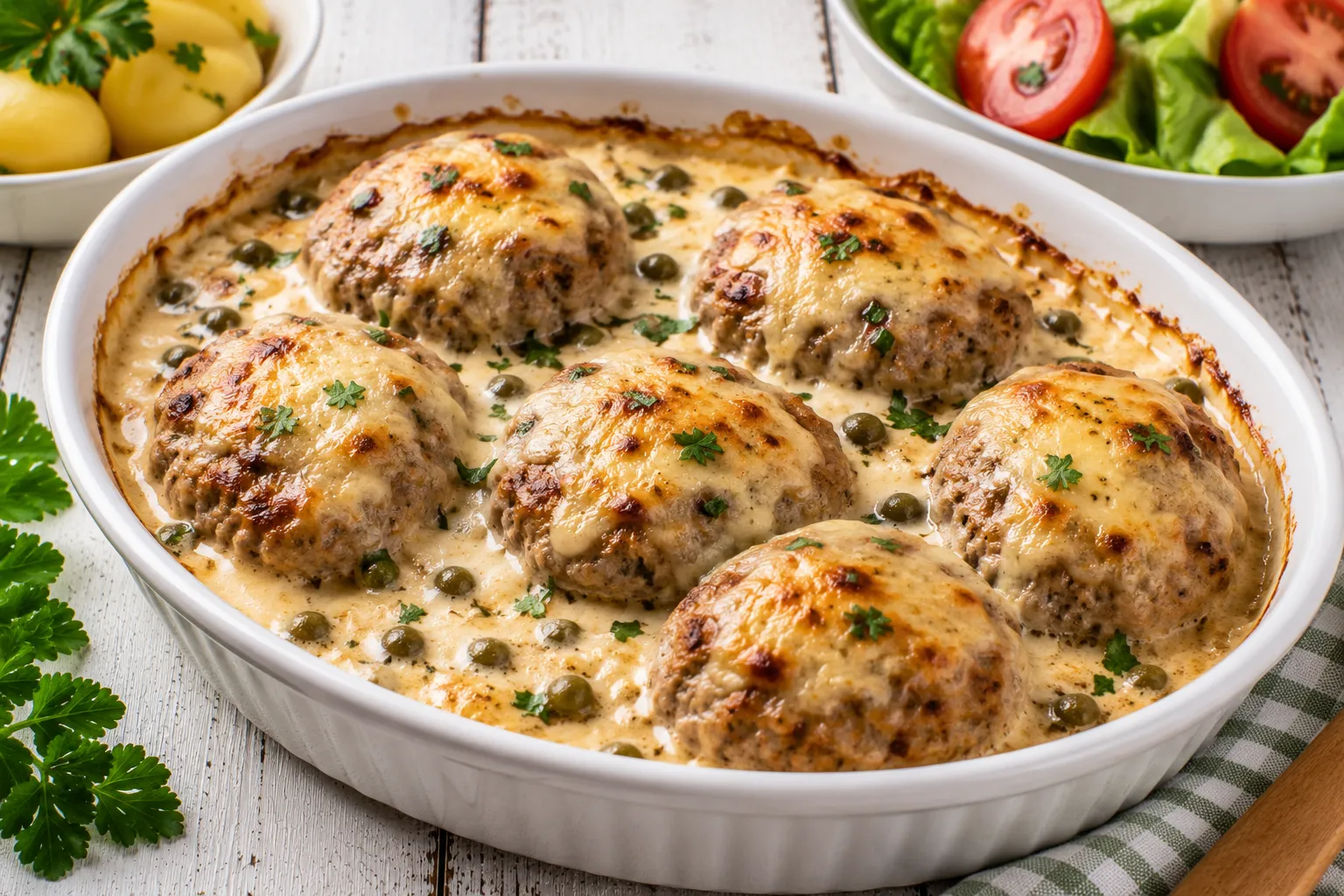 Überbackene Rindsbuletten in cremiger Sahnesoße mit Käse und Kapern