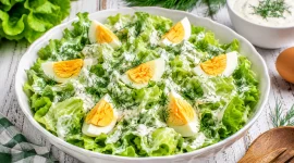 Knackiger Kopfsalat mit Sahnedressing, Dill und Eivierteln in weißer Salatschüssel