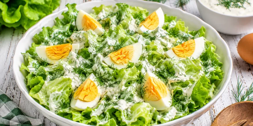 Knackiger Kopfsalat mit Sahnedressing, Dill und Eivierteln in weißer Salatschüssel