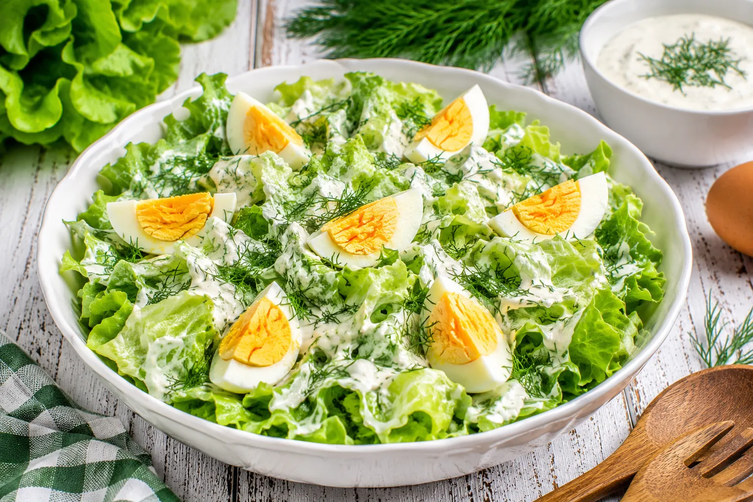 Knackiger Kopfsalat mit Sahnedressing, Dill und Eivierteln in weißer Salatschüssel