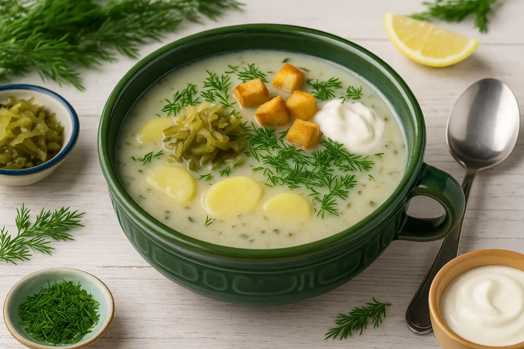 Polnische Gurkensuppe (Zupa ogórkowa) in einer grünen Schüssel auf weißem Holztisch, dekoriert mit frischem Dill, Brotwürfeln und modernen Besteck.
