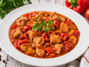 Putengulasch mit Paprika und Tomaten auf weißem Teller serviert