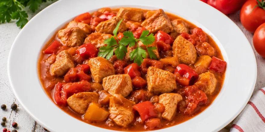 Putengulasch mit Paprika und Tomaten auf weißem Teller serviert