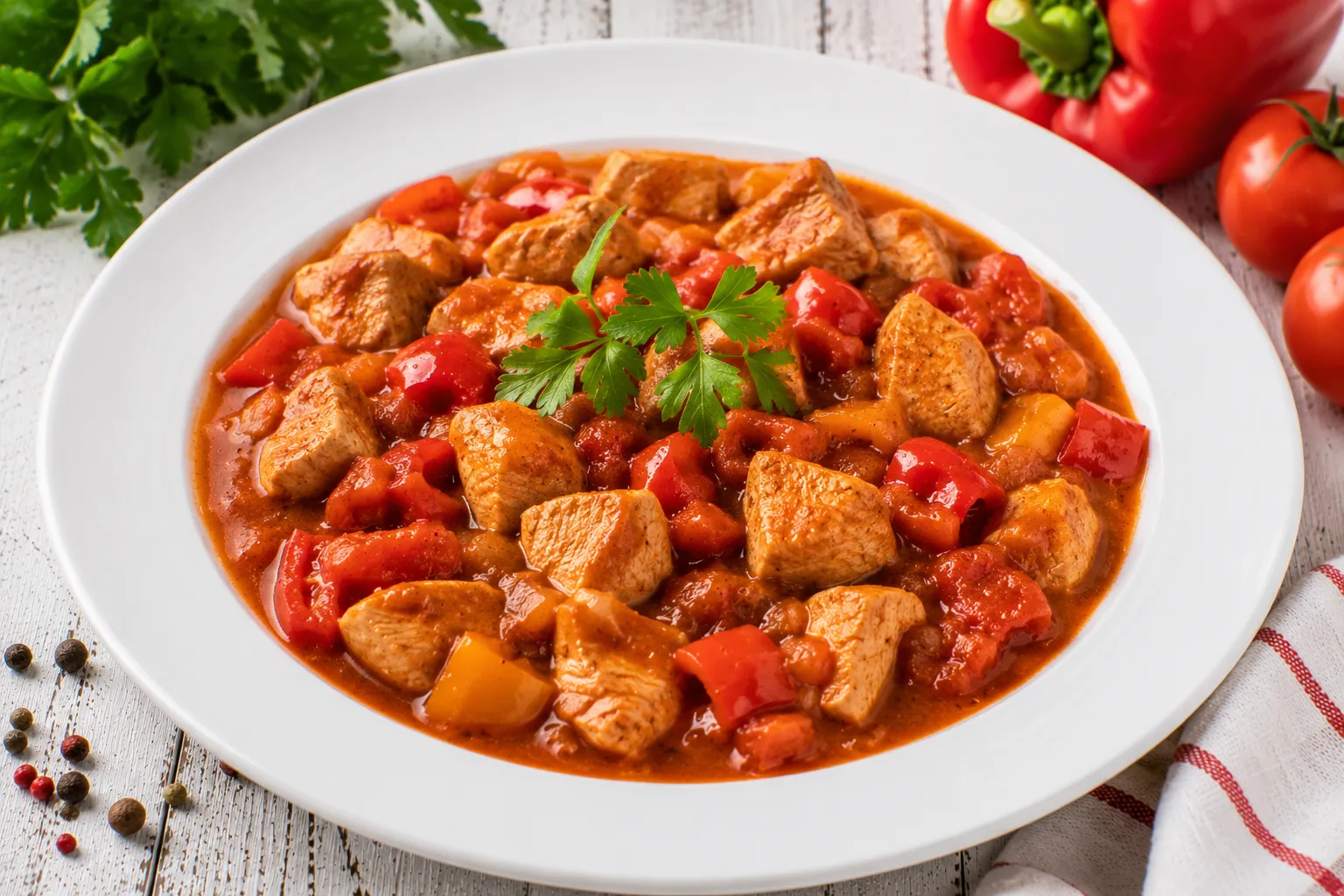 Putengulasch mit Paprika und Tomaten auf weißem Teller serviert
